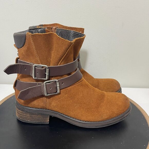 Steve Madden Dormaa Ankle Boots Cognac Suede Brown Leather Buckles Zip Women 9.5 - Picture 1 of 12